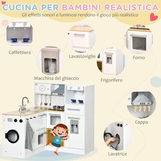 Cocina de Juguete de 2 Piezas para Niños de 3-6 Años con Utensilios de Cocina, Luces y Efectos de Sonido Realistas, en MDF y PP Blanca y Color Madera