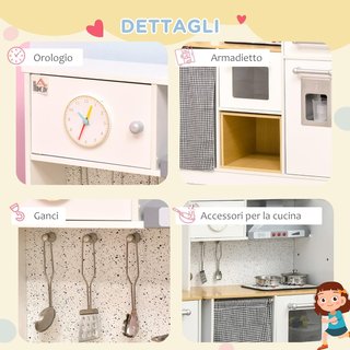 Cocina de Juguete de 2 Piezas para Niños de 3-6 Años con Utensilios de Cocina, Luces y Efectos de Sonido Realistas, en MDF y PP Blanca y Color Madera