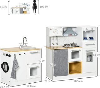 Cocina de Juguete de 2 Piezas para Niños de 3-6 Años con Utensilios de Cocina, Luces y Efectos de Sonido Realistas, en MDF y PP Blanca y Color Madera