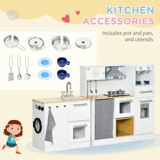 Cocina de Juguete de 2 Piezas para Niños de 3-6 Años con Utensilios de Cocina, Luces y Efectos de Sonido Realistas, en MDF y PP Blanca y Color Madera