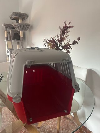 Transportín para perro/gato gris y rojo.