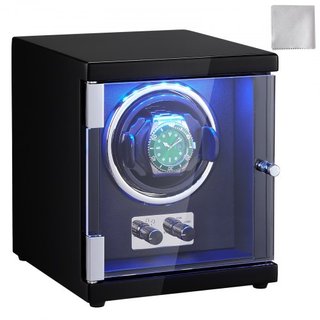 Reloj Winder, Reloj Winder Individual para Reloj Automático de Hombre y Mujer, con Motor Japonés Mabuchi Súper Silencioso, Luz LED Azul y Adaptador, Carcasa de Tablero de Alta Densidad y PU Negro