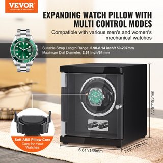 Reloj Winder, Reloj Winder Individual para Reloj Automático de Hombre y Mujer, con Motor Japonés Mabuchi Súper Silencioso, Luz LED Azul y Adaptador, Carcasa de Tablero de Alta Densidad y PU Negro