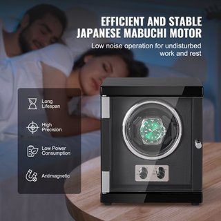 Reloj Winder, Reloj Winder Individual para Reloj Automático de Hombre y Mujer, con Motor Japonés Mabuchi Súper Silencioso, Luz LED Azul y Adaptador, Carcasa de Tablero de Alta Densidad y PU Negro