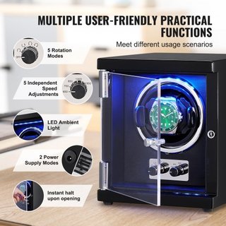Reloj Winder, Reloj Winder Individual para Reloj Automático de Hombre y Mujer, con Motor Japonés Mabuchi Súper Silencioso, Luz LED Azul y Adaptador, Carcasa de Tablero de Alta Densidad y PU Negro