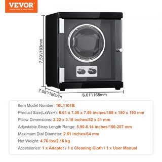 Reloj Winder, Reloj Winder Individual para Reloj Automático de Hombre y Mujer, con Motor Japonés Mabuchi Súper Silencioso, Luz LED Azul y Adaptador, Carcasa de Tablero de Alta Densidad y PU Negro