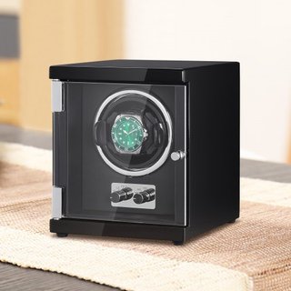 Reloj Winder, Reloj Winder Individual para Reloj Automático de Hombre y Mujer, con Motor Japonés Mabuchi Súper Silencioso, Luz LED Azul y Adaptador, Carcasa de Tablero de Alta Densidad y PU Negro