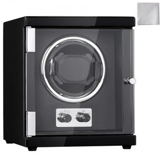Reloj Winder, Reloj Winder Individual para Reloj Automático de Hombre y Mujer, con Motor Japonés Mabuchi Súper Silencioso, Luz LED Azul y Adaptador, Carcasa de Tablero de Alta Densidad y PU Negro