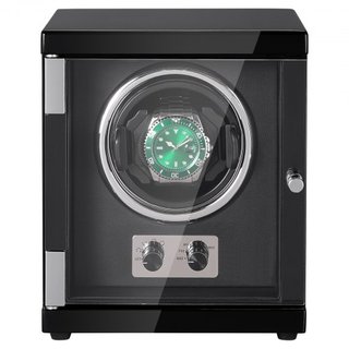 Reloj Winder, Reloj Winder Individual para Reloj Automático de Hombre y Mujer, con Motor Japonés Mabuchi Súper Silencioso, Luz LED Azul y Adaptador, Carcasa de Tablero de Alta Densidad y PU Negro