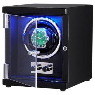 Reloj Winder, Reloj Winder Individual para Reloj Automático de Hombre y Mujer, con Motor Japonés Mabuchi Súper Silencioso, Luz LED Azul y Adaptador, Carcasa de Tablero de Alta Densidad y PU Negro