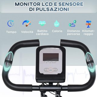 Cyclette pieghevole con supporto, bande elastiche e 8 livelli di resistenza regolabile, bicicletta silenziosa con display LCD, sensore di frequenza cardiaca, supporto per telefono e ruote