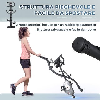 Cyclette pieghevole con supporto, bande elastiche e 8 livelli di resistenza regolabile, bicicletta silenziosa con display LCD, sensore di frequenza cardiaca, supporto per telefono e ruote