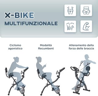 Cyclette pieghevole con supporto, bande elastiche e 8 livelli di resistenza regolabile, bicicletta silenziosa con display LCD, sensore di frequenza cardiaca, supporto per telefono e ruote