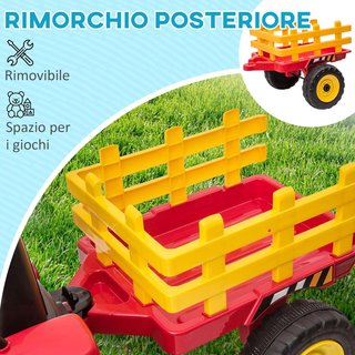 Trattore Elettrico per Bambini con Rimorchio Rimovibile, Batteria Ricaricabile 12V con Controllo Remoto, USB, Musica e Luci, Età 3-6 Anni, Rosso