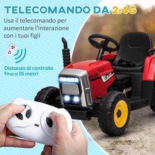 Trattore Elettrico per Bambini con Rimorchio Rimovibile, Batteria Ricaricabile 12V con Controllo Remoto, USB, Musica e Luci, Età 3-6 Anni, Rosso