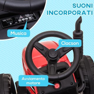 Trattore Elettrico per Bambini con Rimorchio Rimovibile, Batteria Ricaricabile 12V con Controllo Remoto, USB, Musica e Luci, Età 3-6 Anni, Rosso