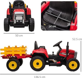 Trattore Elettrico per Bambini con Rimorchio Rimovibile, Batteria Ricaricabile 12V con Controllo Remoto, USB, Musica e Luci, Età 3-6 Anni, Rosso