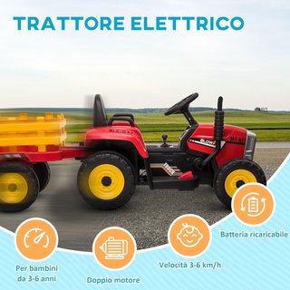 Trattore Elettrico per Bambini con Rimorchio Rimovibile, Batteria Ricaricabile 12V con Controllo Remoto, USB, Musica e Luci, Età 3-6 Anni, Rosso
