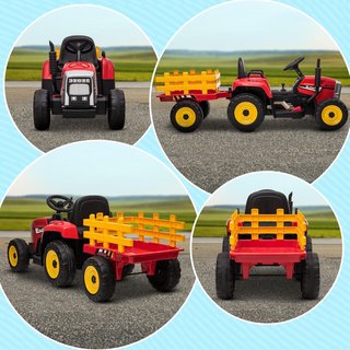 Trattore Elettrico per Bambini con Rimorchio Rimovibile, Batteria Ricaricabile 12V con Controllo Remoto, USB, Musica e Luci, Età 3-6 Anni, Rosso