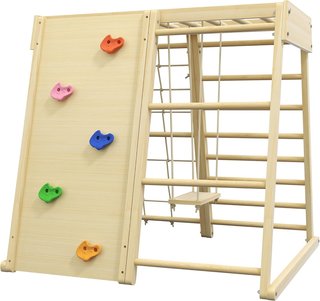 Gimnasio para Niños 3+ Años 5 en 1 Con Pared de Escalada, 3 Escaleras y Columpio, en Madera de Haya, 120X105X120 Cm