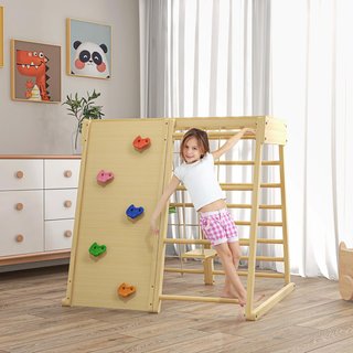 Gimnasio para Niños 3+ Años 5 en 1 Con Pared de Escalada, 3 Escaleras y Columpio, en Madera de Haya, 120X105X120 Cm