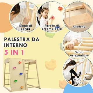 Gimnasio para Niños 3+ Años 5 en 1 Con Pared de Escalada, 3 Escaleras y Columpio, en Madera de Haya, 120X105X120 Cm