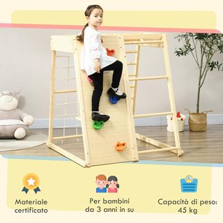 Gimnasio para Niños 3+ Años 5 en 1 Con Pared de Escalada, 3 Escaleras y Columpio, en Madera de Haya, 120X105X120 Cm