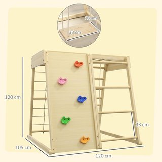Gimnasio para Niños 3+ Años 5 en 1 Con Pared de Escalada, 3 Escaleras y Columpio, en Madera de Haya, 120X105X120 Cm