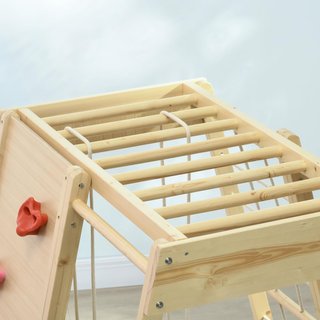 Gimnasio para Niños 3+ Años 5 en 1 Con Pared de Escalada, 3 Escaleras y Columpio, en Madera de Haya, 120X105X120 Cm