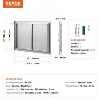 Puerta de Acceso para BBQ, Puerta Doble para Cocina Exterior de 774x533 mm, Puerta de Montaje Flush de Acero Inoxidable, Puerta Vertical de Pared con Manijas, para Isla de BBQ, Estación de Asado, ...