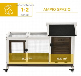Conejera de Madera para Interior y Exterior con Ruedas, Jaula para Conejos con Casita y Recinto, Techo Abatible, Puertas y Bandeja Extraíble, 108X58X73.5 Cm, Marrón