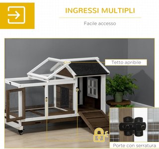 Conejera de Madera para Interior y Exterior con Ruedas, Jaula para Conejos con Casita y Recinto, Techo Abatible, Puertas y Bandeja Extraíble, 108X58X73.5 Cm, Marrón