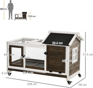 Conejera de Madera para Interior y Exterior con Ruedas, Jaula para Conejos con Casita y Recinto, Techo Abatible, Puertas y Bandeja Extraíble, 108X58X73.5 Cm, Marrón