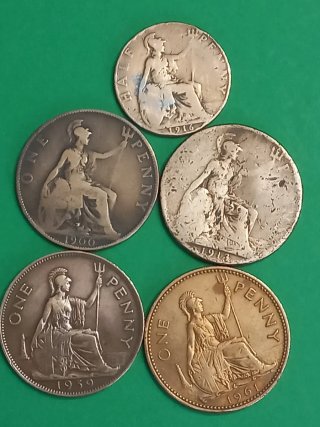 Lote 5 monedas antiguas Reino ingalaterra, penique