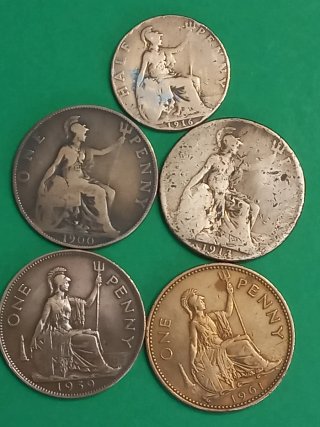 Lote 5 monedas antiguas Reino ingalaterra, penique