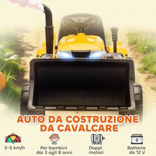 Escavatore Elettrico per Bambini 12V con Sacco e Rimorchio Smontabile, Trattore Elettrico con 2 Motori, Controllo Remoto, USB, Luci e Musica, 3-8 Anni, Giallo
