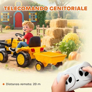 Escavatore Elettrico per Bambini 12V con Sacco e Rimorchio Smontabile, Trattore Elettrico con 2 Motori, Controllo Remoto, USB, Luci e Musica, 3-8 Anni, Giallo