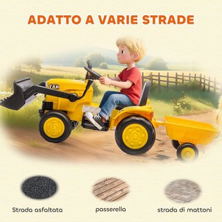 Escavatore Elettrico per Bambini 12V con Sacco e Rimorchio Smontabile, Trattore Elettrico con 2 Motori, Controllo Remoto, USB, Luci e Musica, 3-8 Anni, Giallo