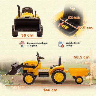 Escavatore Elettrico per Bambini 12V con Sacco e Rimorchio Smontabile, Trattore Elettrico con 2 Motori, Controllo Remoto, USB, Luci e Musica, 3-8 Anni, Giallo