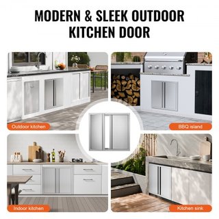 Puerta de Acceso para BBQ, Puerta Doble para Cocina Exterior de 660x610 mm, Puerta Montada a Ras de Acero Inoxidable, Puerta Vertical de Pared con Mangos Rehundidos, para Isla de BBQ, Estación de ...