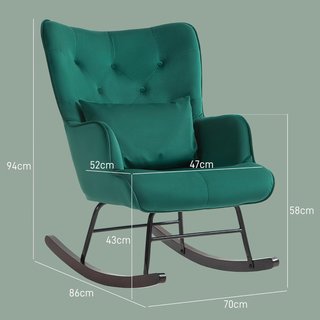 Sedia a dondolo in velluto con schienale alto, sedia a dondolo con cuscino e braccioli per soggiorno e camera da letto, verde