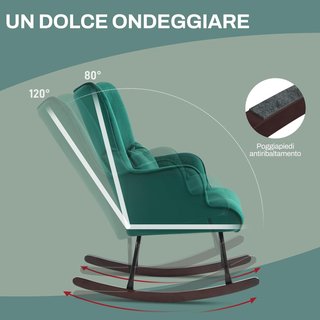 Sedia a dondolo in velluto con schienale alto, sedia a dondolo con cuscino e braccioli per soggiorno e camera da letto, verde