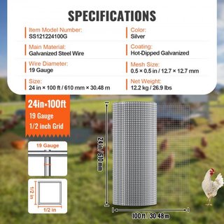 Malla de Hardware, 1/2 pulgada 24in x 100 pies 19 Gauge, Malla de Alambre Galvanizado por Inmersión en Caliente, Cercado de Alambre para Pollos, Malla de Alambre para Jaulas de Conejos, Jardín, Pe...
