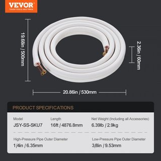 Set di tubi mini split da 4876,8 mm, tubi in rame da 6,4 e 9,5 mm OD e isolamento a triplo strato per impianti di climatizzazione o pompe di calore e HVAC con ricchi accessori (cavo di collegamento...)