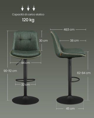 Conjunto de 2 Taburetes de Bar, Sillas de Bar Giratorias Ajustables en Altura, PU Acolchado, Sillas de Cocina con Respaldo y Reposapiés, Comedor, Barra, Acero, Verde Bosque LJB095C01