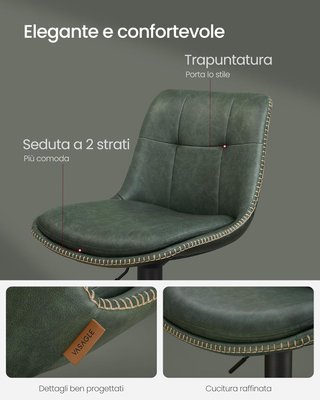 Conjunto de 2 Taburetes de Bar, Sillas de Bar Giratorias Ajustables en Altura, PU Acolchado, Sillas de Cocina con Respaldo y Reposapiés, Comedor, Barra, Acero, Verde Bosque LJB095C01