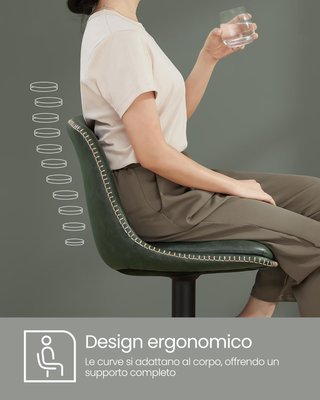Conjunto de 2 Taburetes de Bar, Sillas de Bar Giratorias Ajustables en Altura, PU Acolchado, Sillas de Cocina con Respaldo y Reposapiés, Comedor, Barra, Acero, Verde Bosque LJB095C01