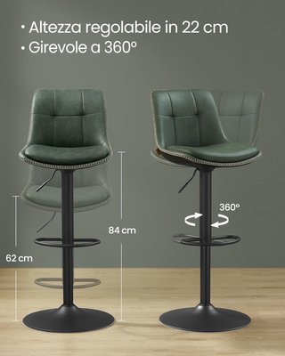 Conjunto de 2 Taburetes de Bar, Sillas de Bar Giratorias Ajustables en Altura, PU Acolchado, Sillas de Cocina con Respaldo y Reposapiés, Comedor, Barra, Acero, Verde Bosque LJB095C01