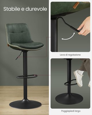 Conjunto de 2 Taburetes de Bar, Sillas de Bar Giratorias Ajustables en Altura, PU Acolchado, Sillas de Cocina con Respaldo y Reposapiés, Comedor, Barra, Acero, Verde Bosque LJB095C01
