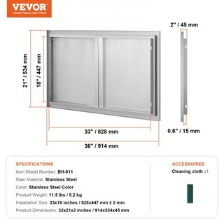 Puerta de Acceso para BBQ, Puerta Doble para Cocina Exterior de 914x534 mm, Puerta de Montaje Flush de Acero Inoxidable, Puerta Vertical de Pared con Mangos Rehundidos, para Isla de BBQ, Estación ...